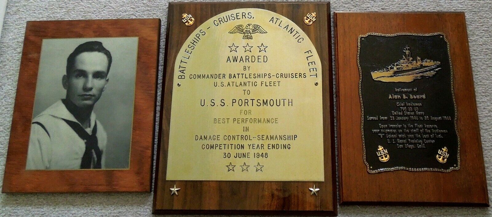  1948 USS Portsmouth CL-102 Brass Plaque Award DC-Seamanship...Estate Bundle