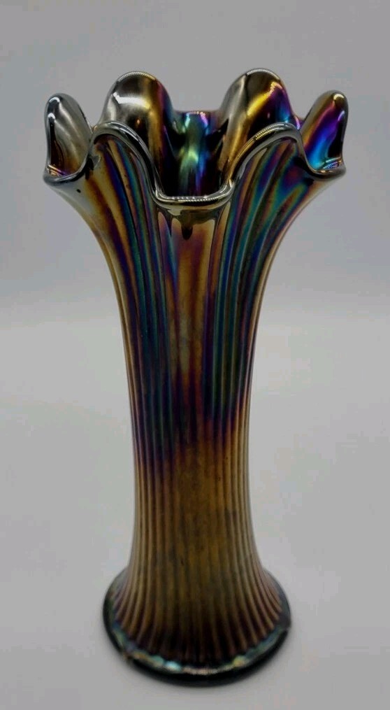 Northwood Iridescent Carnival Glass Fine Rib Vase Amethyst Base 9½\