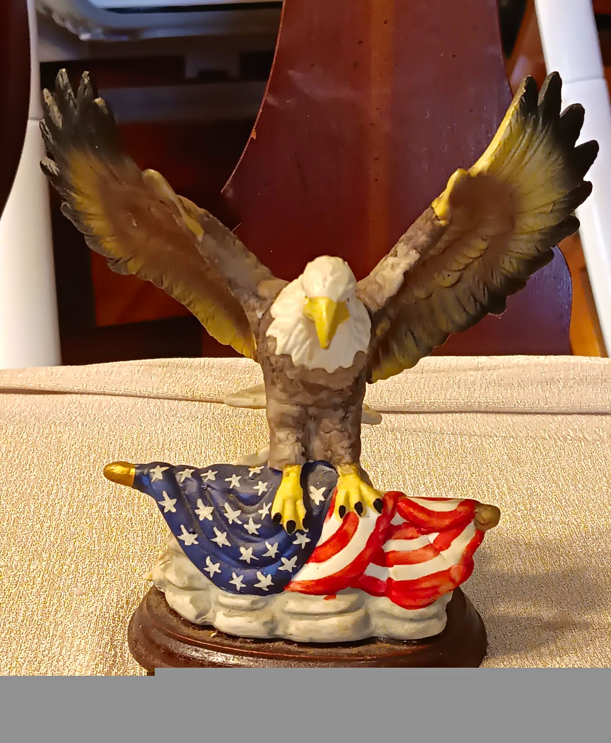 Bald Eagle Bird Figurine Statue w/ American Flag on Base Collectible Decor