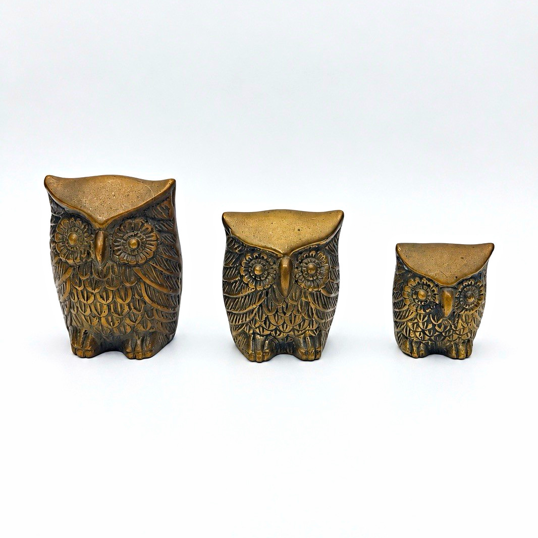 Brass Tone Owl Figurines Set of 3 Graduated Sizes Woodland Decor