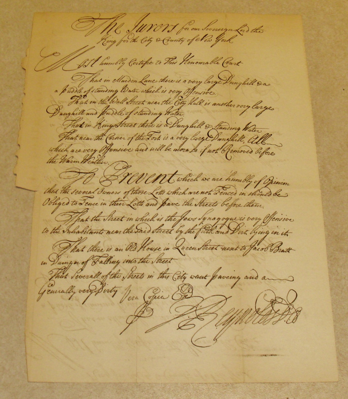 1860 Document public nuisances and dangerous conditions in colonial New York