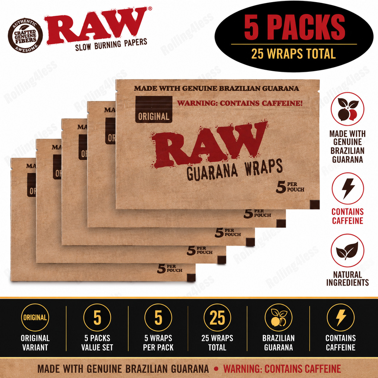 RAW Guarana Wraps Original 5 Packs 5 Per Pack 25 Total Brazilian Guarana