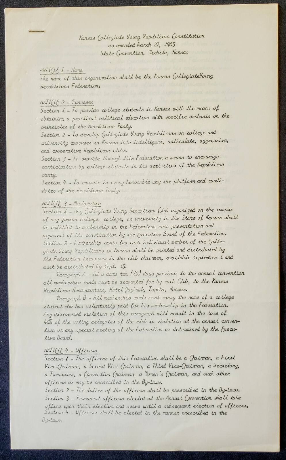 1965 Kansas Collegiate Young Republican State Convention 6 Pg 8x10 Constitution