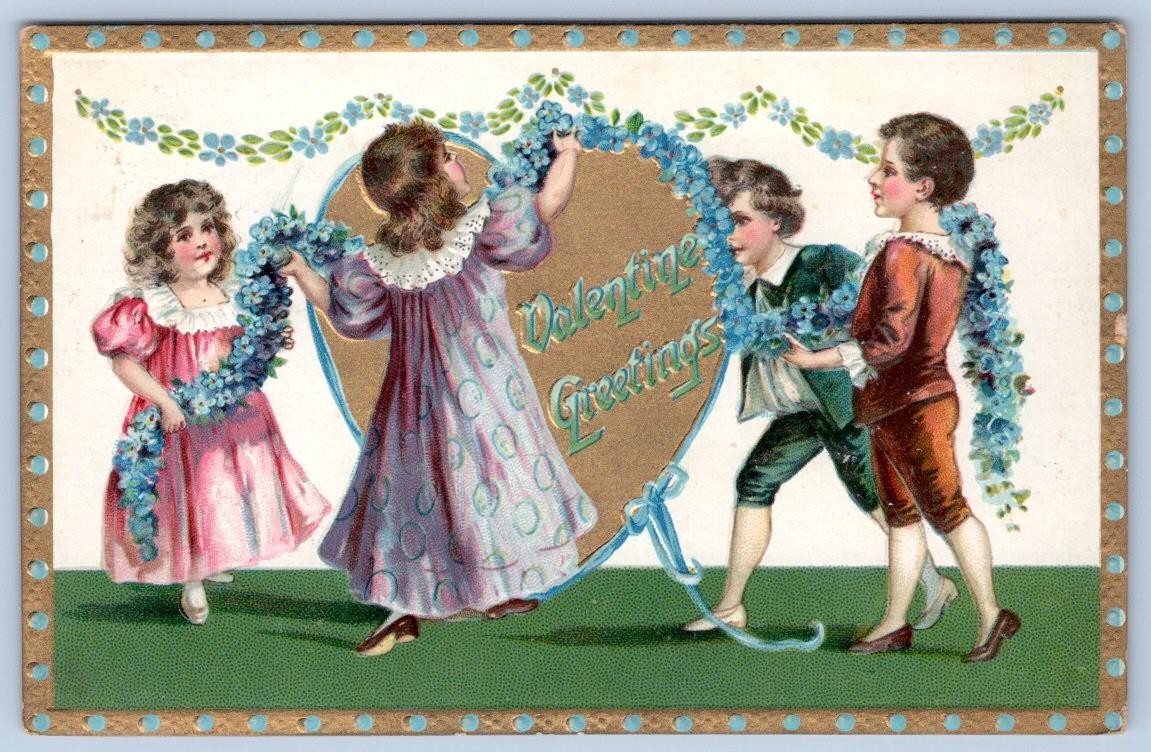 1907-10's VALENTINE GREETINGS CHILDREN DECORATE HEART VICTORIAN TUCK'S POSTCARD