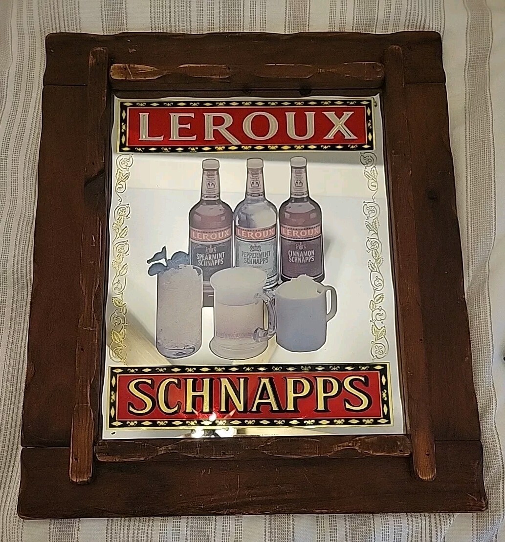 Hiram Walker Leroux Schnapps Framed Bar Mirror 23x27.5 vintage rare 80s Hiram Walker Leroux Schnapps Framed Bar Mirror 23x27.5 vintage rare 80s