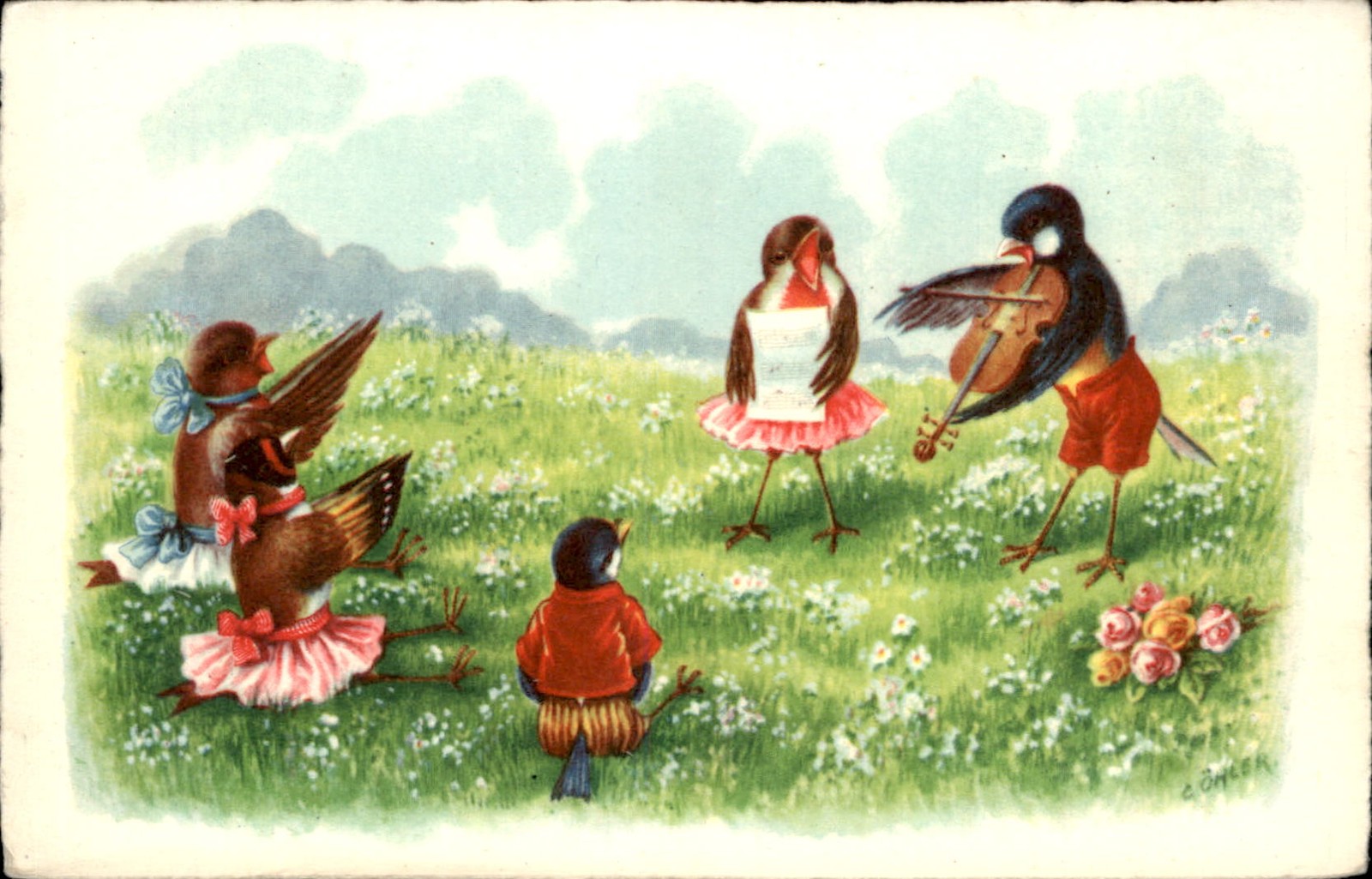 Birds in a meadow orchestra Anthropomorphic c1910s Vintage Postcard