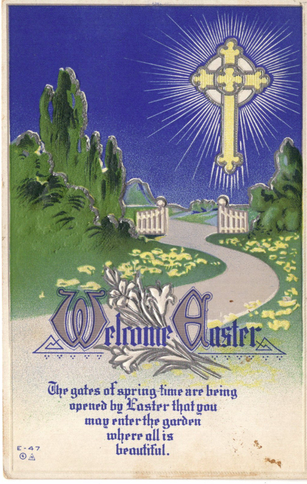 Postcard Easter Bunnies Religious Gold Cross Poem Garden -9621