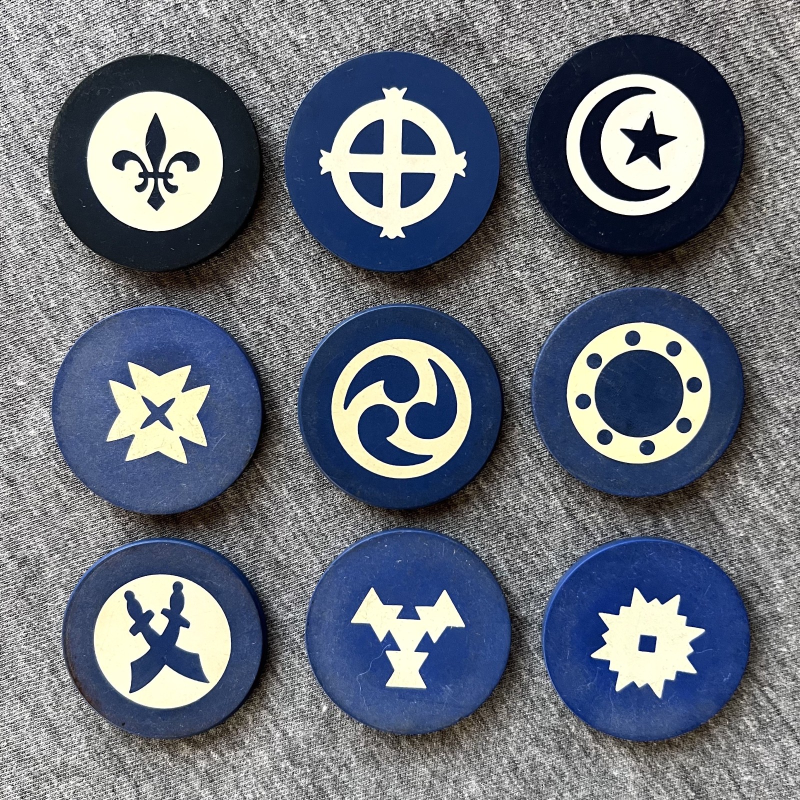 9 Different Early 1900s Vintage Antique Inlaid Clay Poker Chips in Blue
