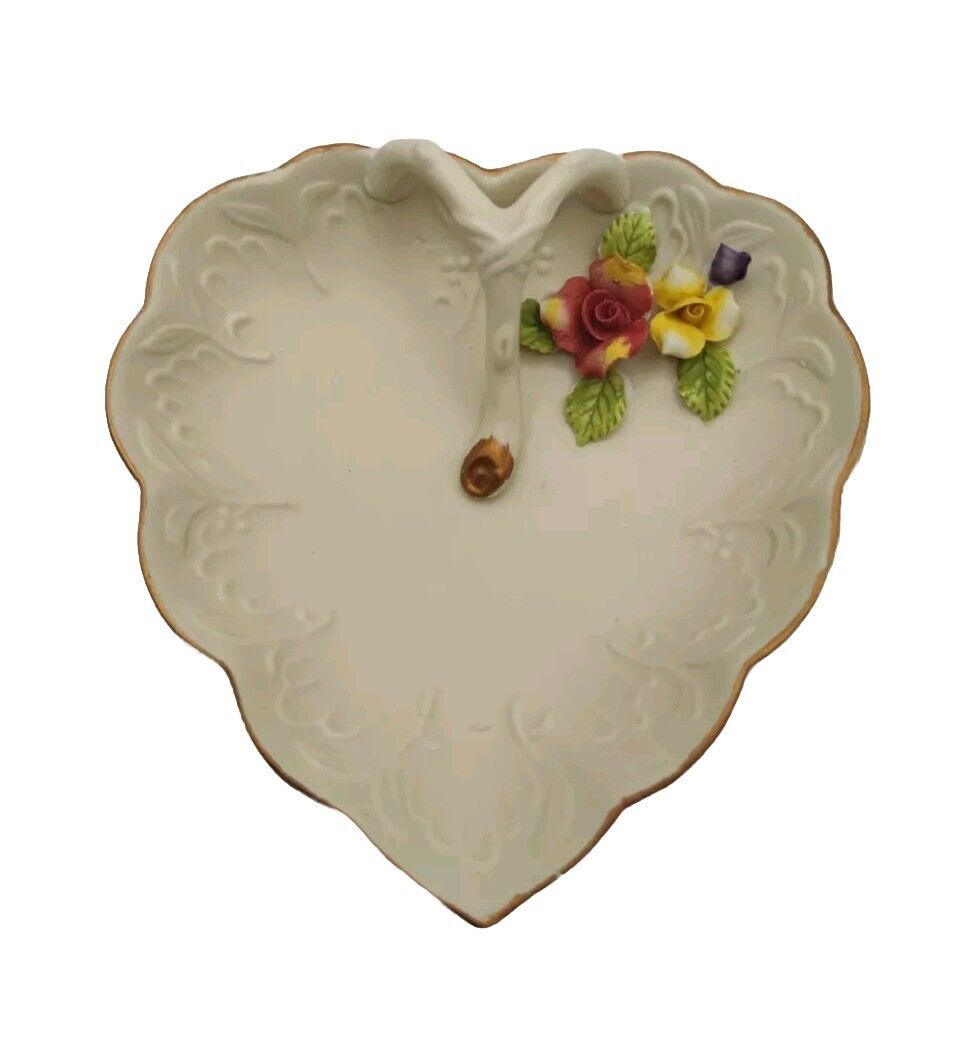 Arnart Antique Beautiful Bisque Porcelian Heart Shaped Trinket Dish with Flowers