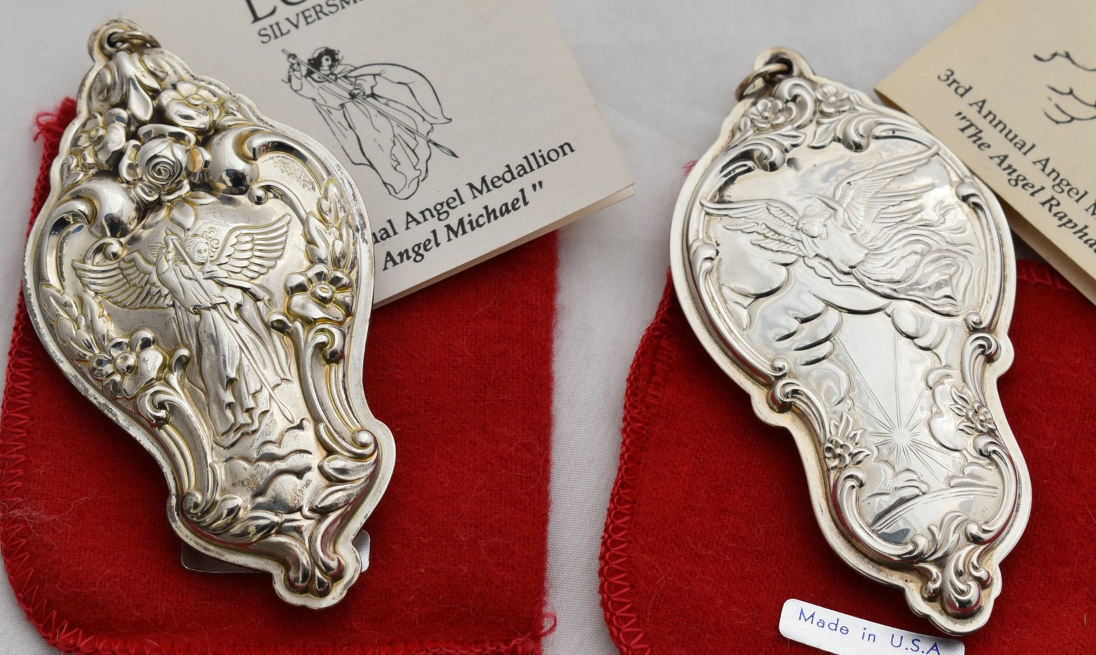 LUNT STERLING Christmas ANGEL Ornament Set RAPHAEL MICHAEL Medallion Drop