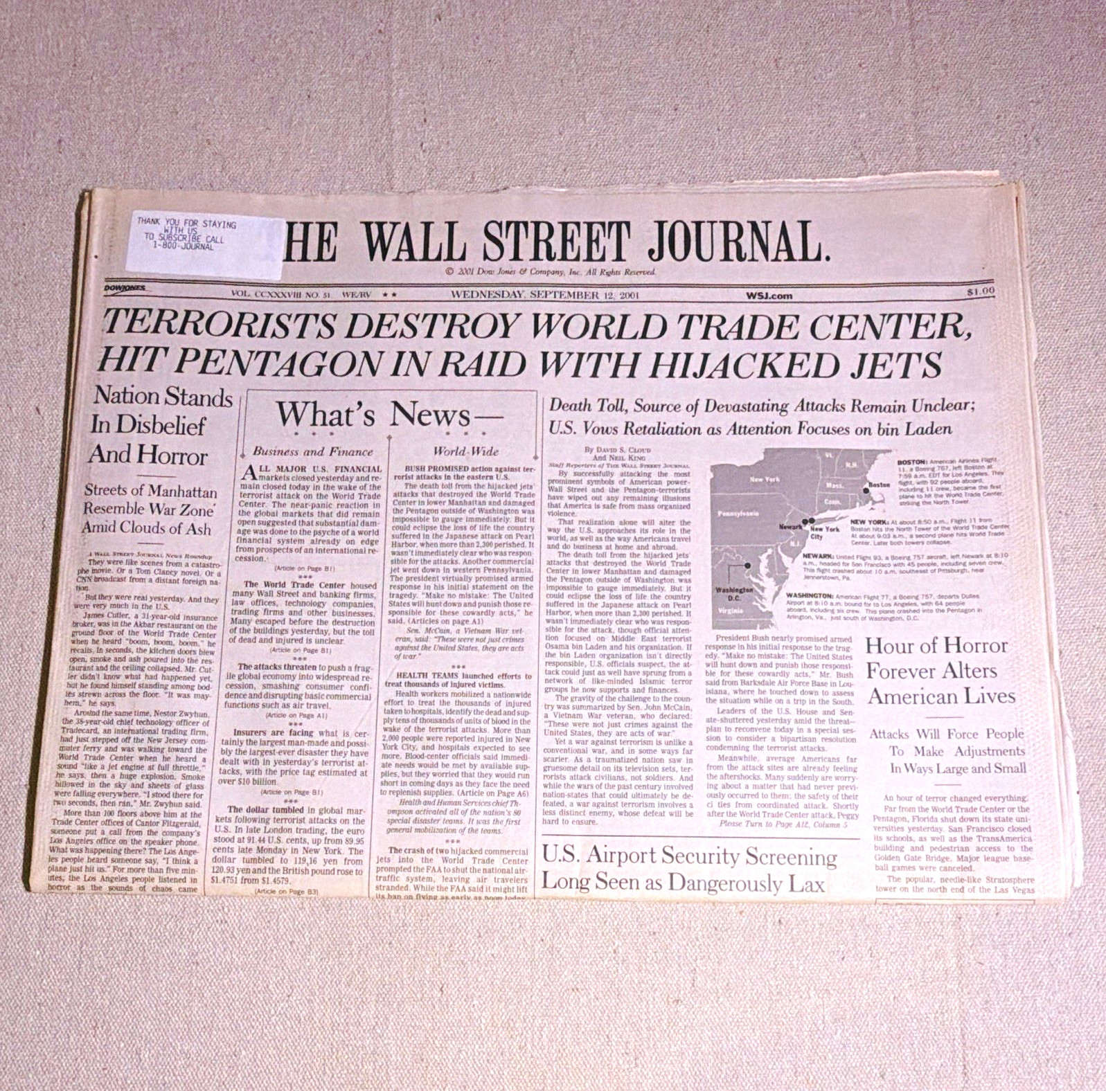 The Wall Street Journal Wednesday September 12, 2001 - Terrorists Destroy WTC