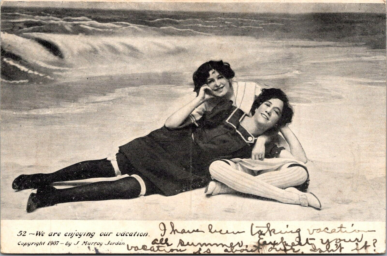 Two Beautiful Girls On The Beach Antique Postcard With A 1908 Stamped Postmark