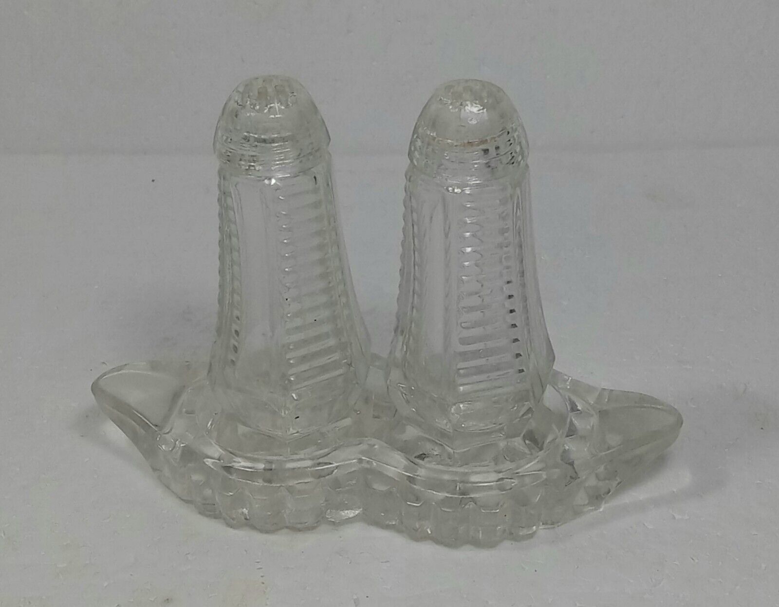 Vintage Glass SALT AND PEPPER SHAKERS  w/ TRAY & Glass Tops 