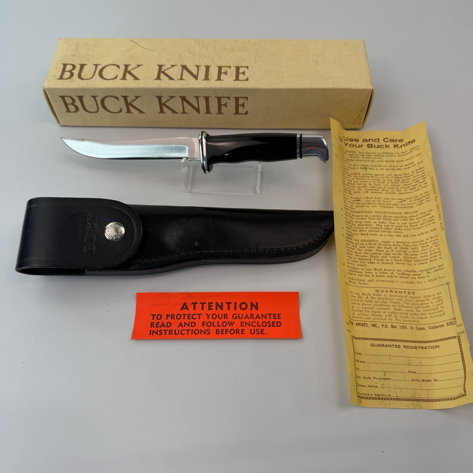 Vtg 72-86 Buck USA Model 105 Pathfinder Knife + Sheath Box & Warranty Paper B727