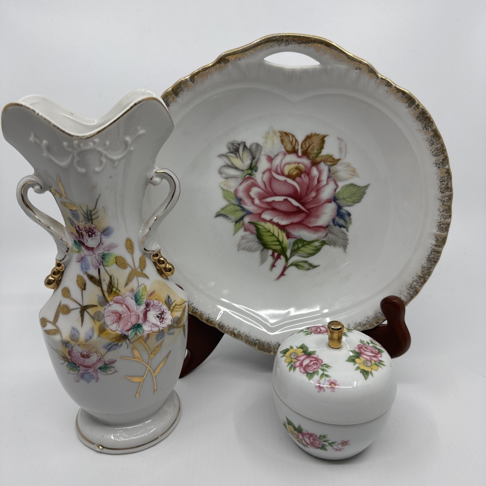 Lot Of 3 Vintage White w/ Pink Floral Gold Trinket Box- Plate-Vase
