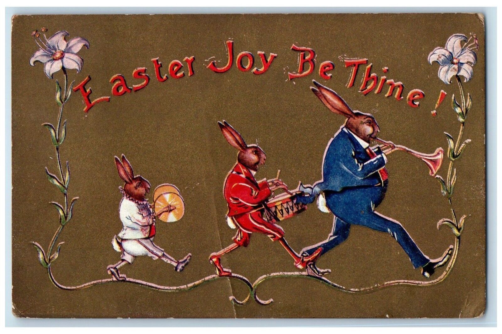 1915 Easter Anthropomorphic Rabbits Band Flowers Embossed Antique Postcard