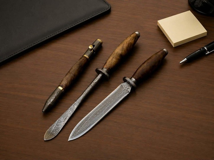 Jaxe Pen Kits Damascus Steel Burl Walnut Desk Set
