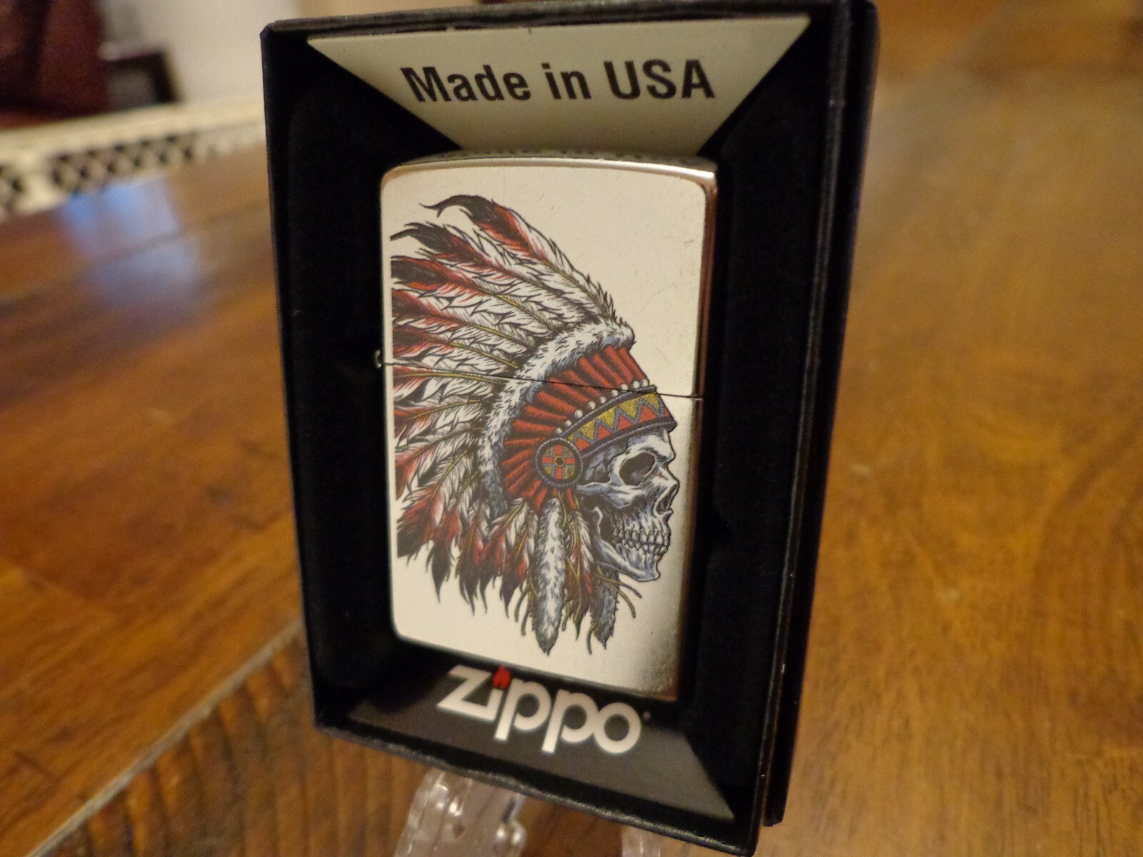 NATIVE AMERICAN CHIEF SKULL HEADDRESS INDIAN ZIPPO LIGHTER MINT IN BOX