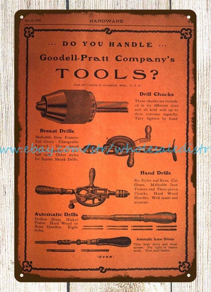 wall deco 1904 Goodell Pratt Company's Tools craftsmen mechanics metal tin sign