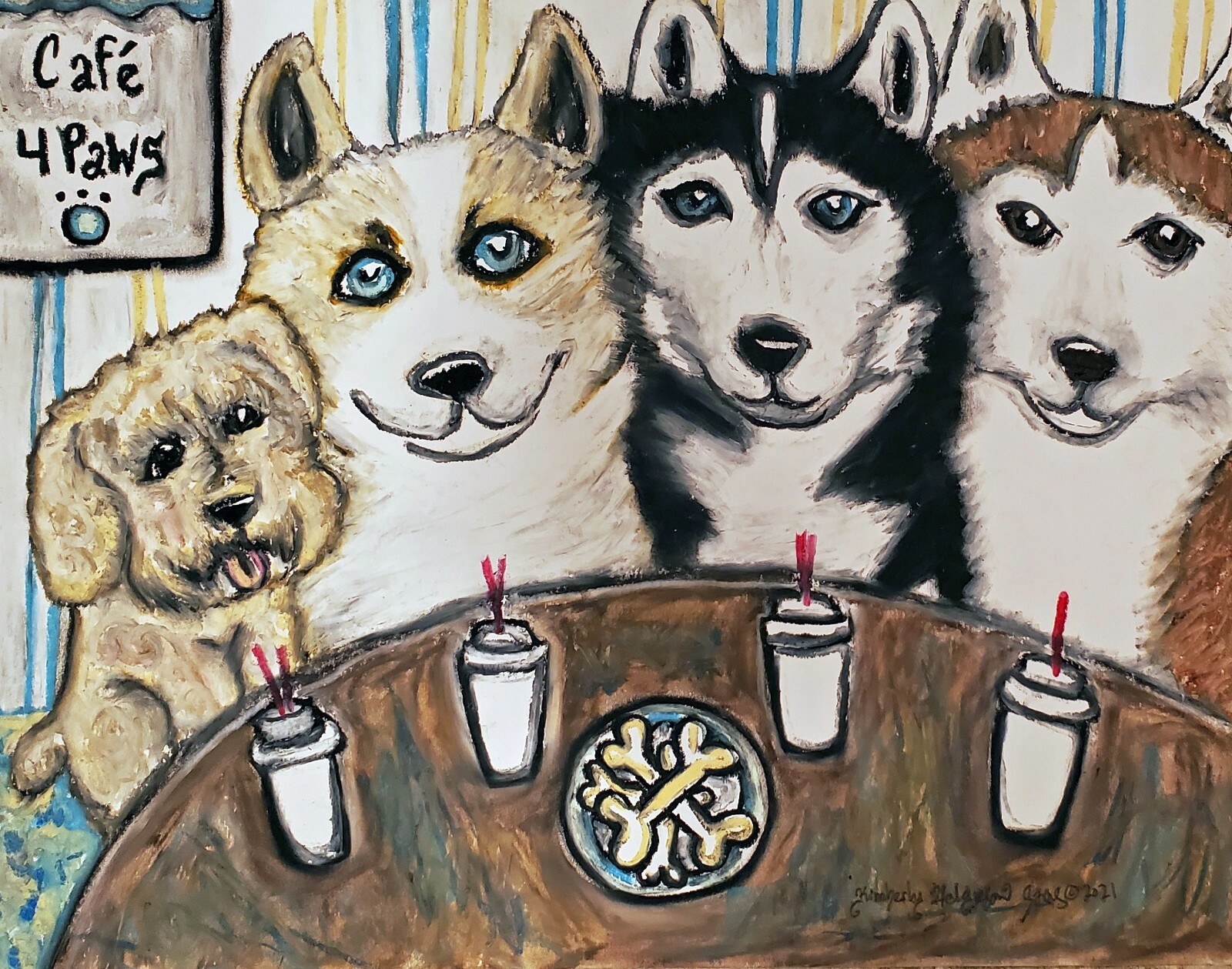 ORIGINAL signed 11 x 14 pastel dog art painting KSams Husky and Poodle at Cafe