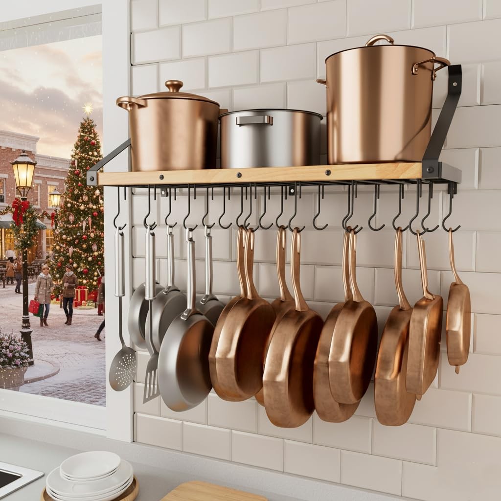 KES Wooden Pot Rack Wall Mounted 34 Inch 20 Hooks Hanging Rack