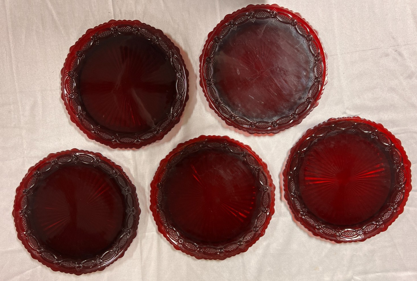 5 Avon  Ruby Red Glass Dinner Plates 10.75”  Vintage