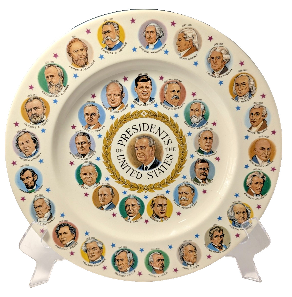 Vintage US Presidents Commemorative Plate LBJ Center JFK Ring Stand Included