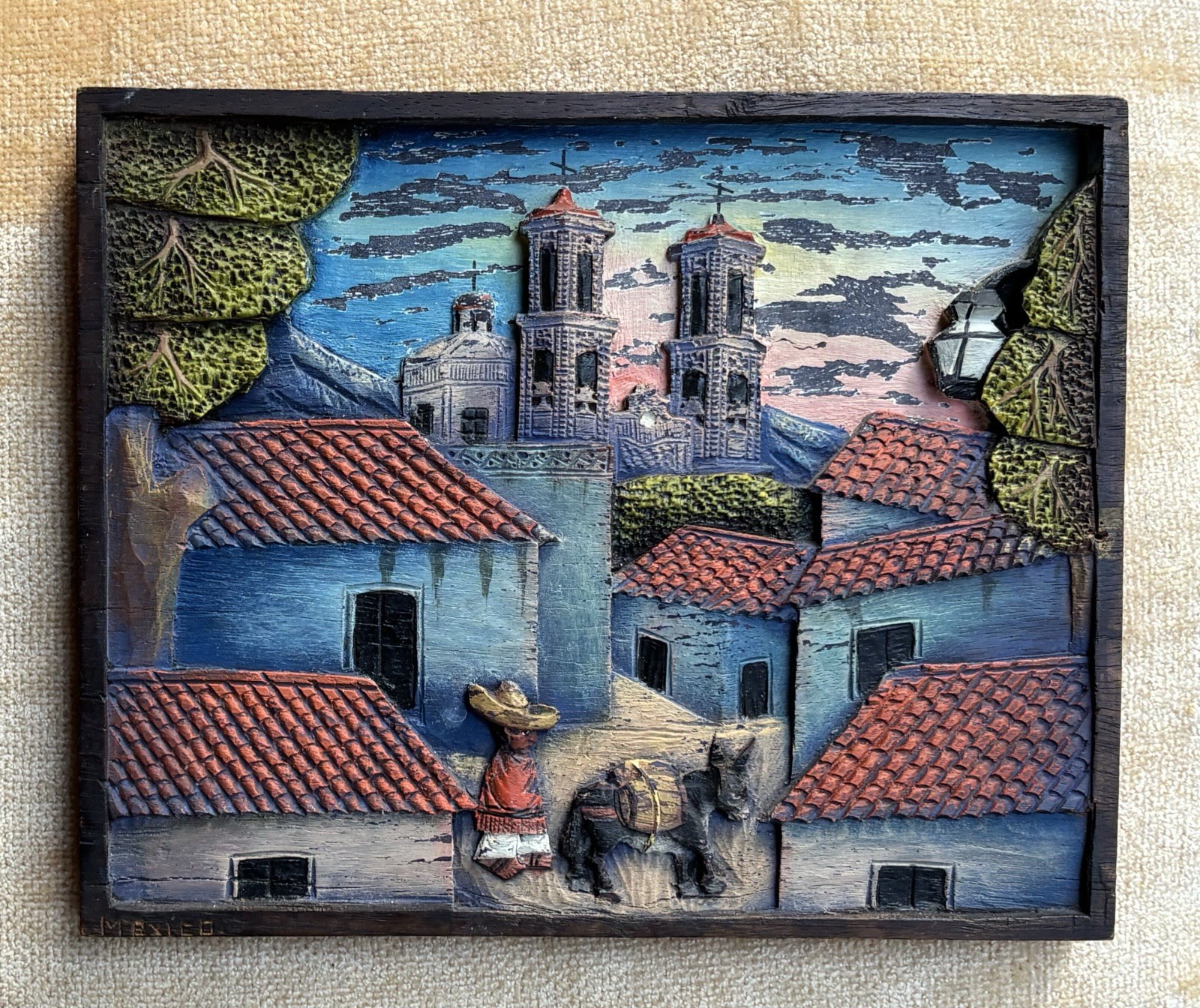 Vintage Collectible Mexican Folk Art Wood Bas Relief Man, Donkey, City Landscape