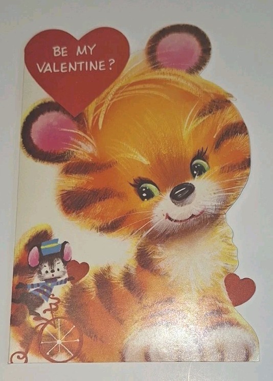 Vintage kid\'s Valentines Day card Tiger mouse bike Norcross 50s MCM USA