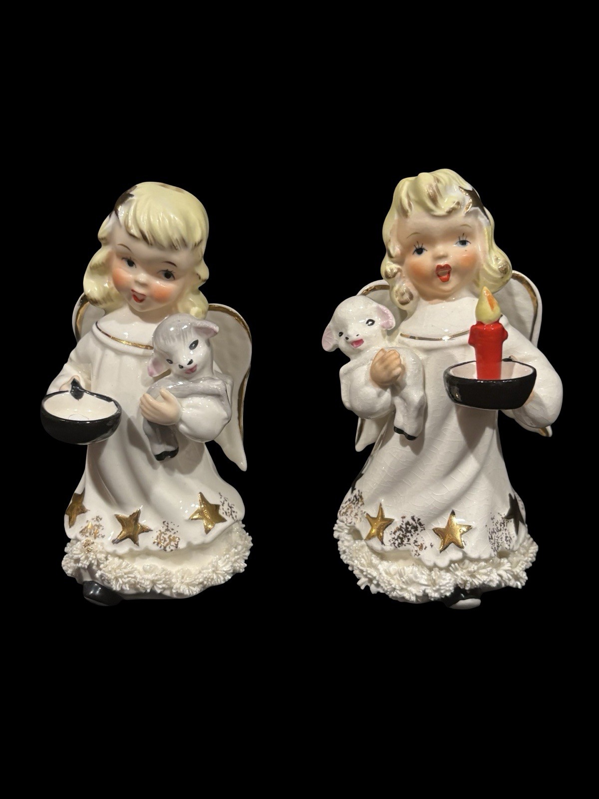 Vtg ARDALT Christmas Angel Lamb Candle Spaghetti Trim Gold Star Japan Set 2 RARE Vtg ARDALT Christmas Angel Lamb Candle Spaghetti Trim Gold Star Japan Set 2 RARE