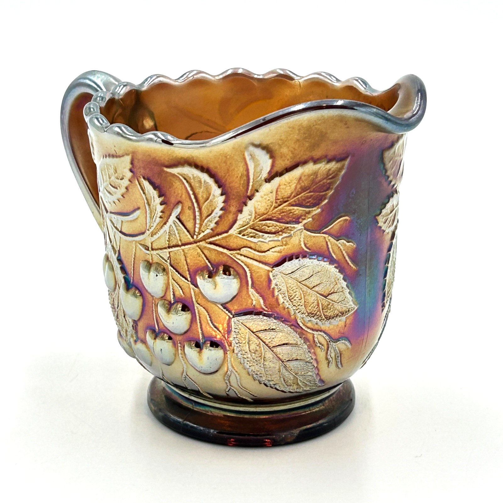 Carnival Glass Millersburg Hanging Cherries Antique Amethyst Iridescent Creamer Carnival Glass Millersburg Hanging Cherries Antique Amethyst Iridescent Creamer