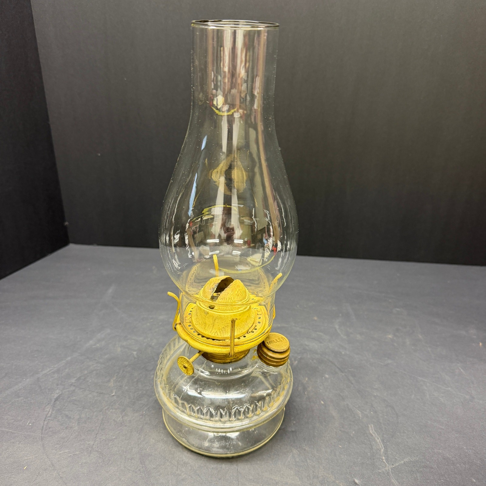 Antique Center Draft Oil Lamp MB Co NY Burner Miller Cap Glass Font Chimney