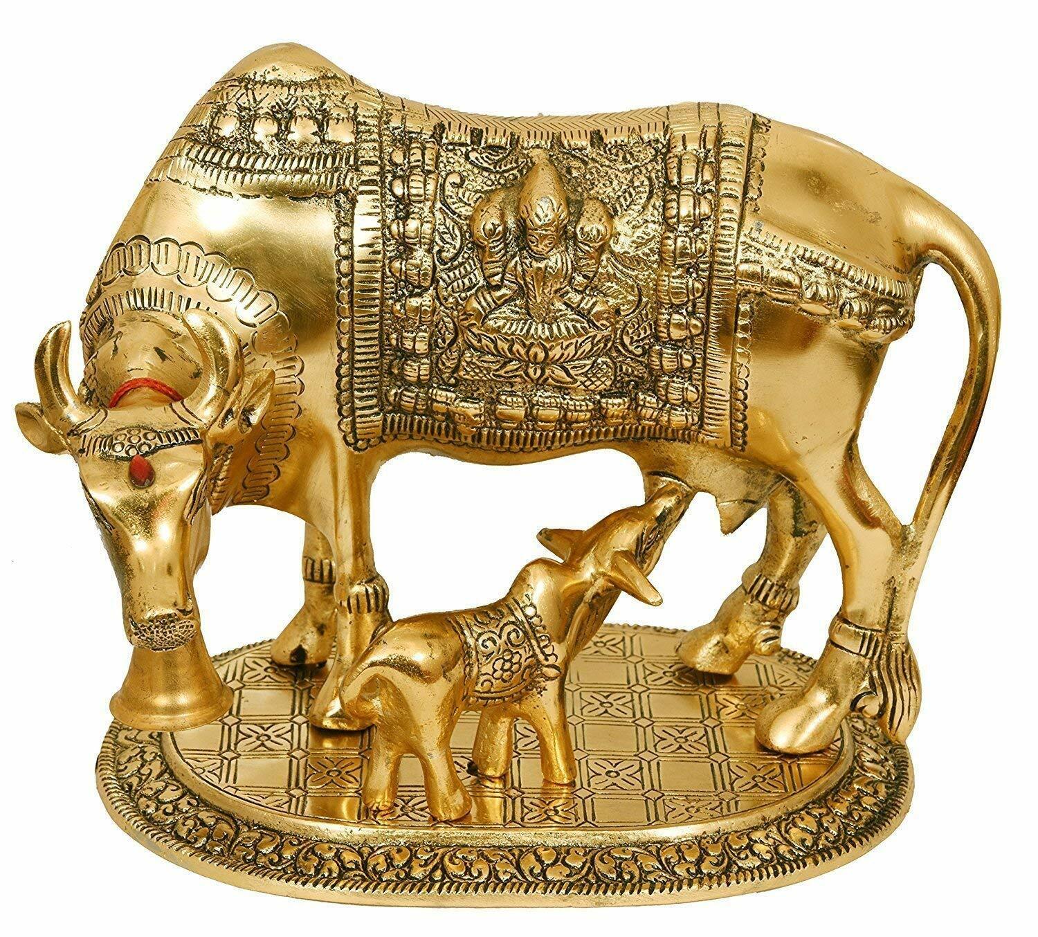 Handcrafted Oxidized Golden Metal Kamdhenu Cow with Calf US