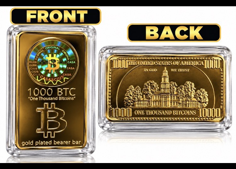 Bitcoin 1000 BTC Gold Tone Collectible Bar with Hologram & Protective Case