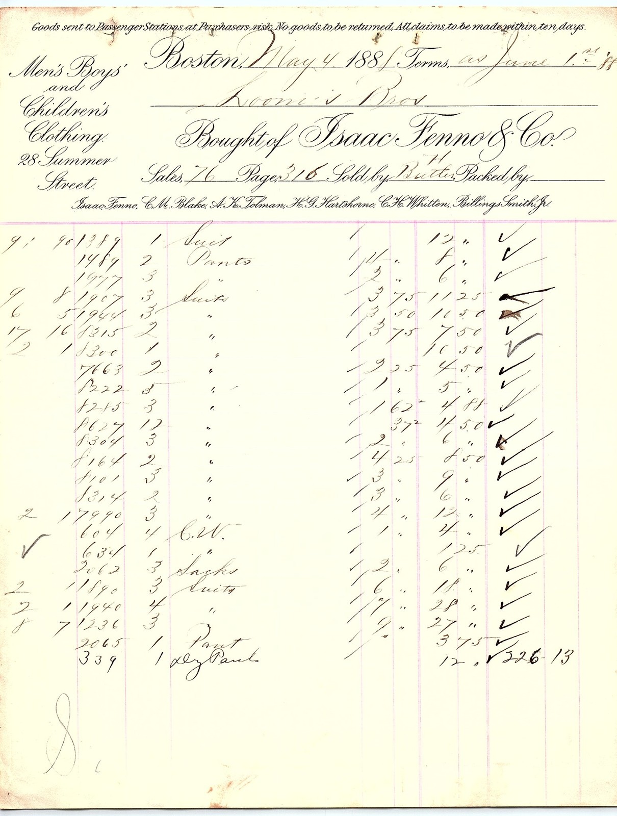 1881 Boston Isaac Fenno & Co clothing billhead