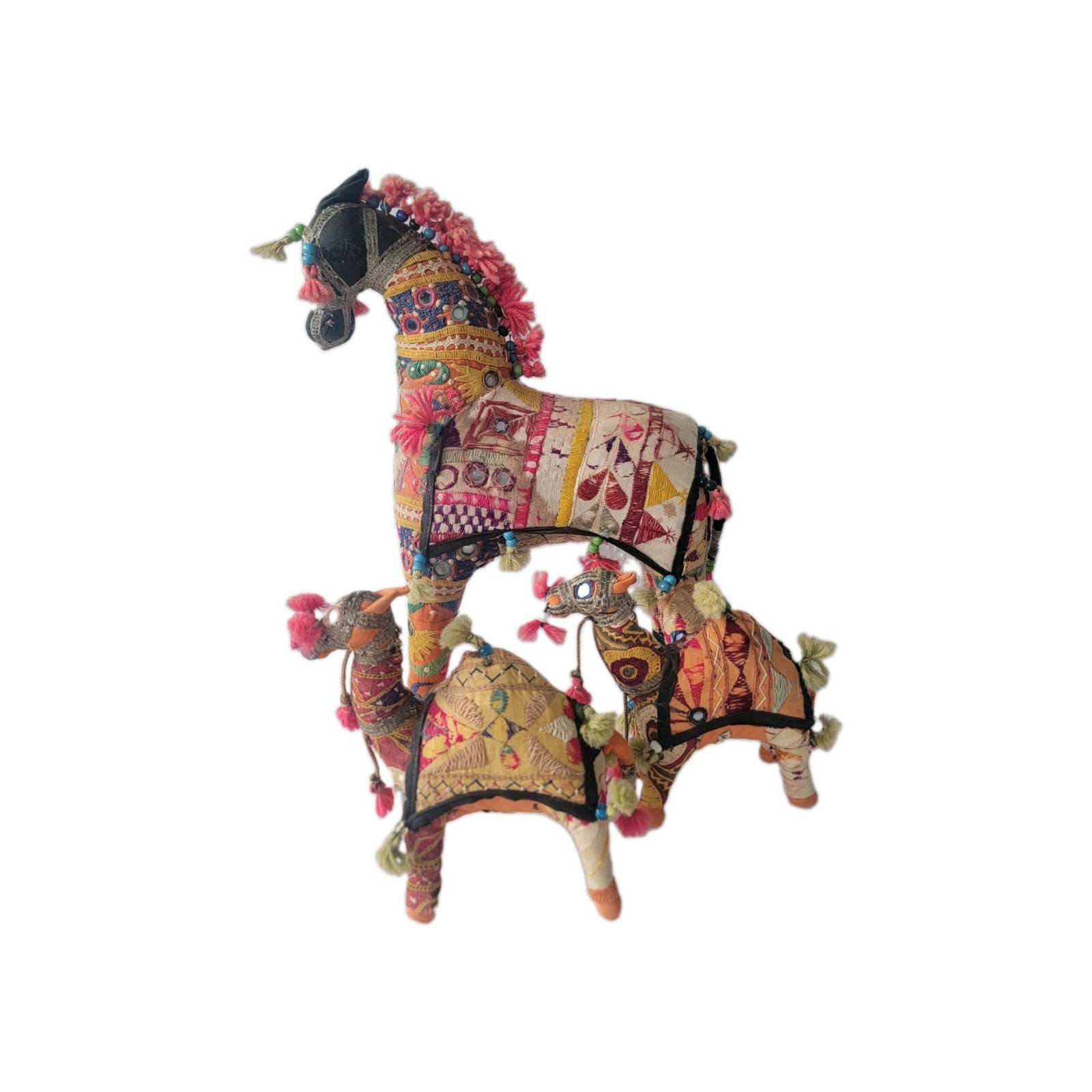 Vintage Indian Rajasthani Fabric Horse - Folk Art Mother And Babies INDIA ornate