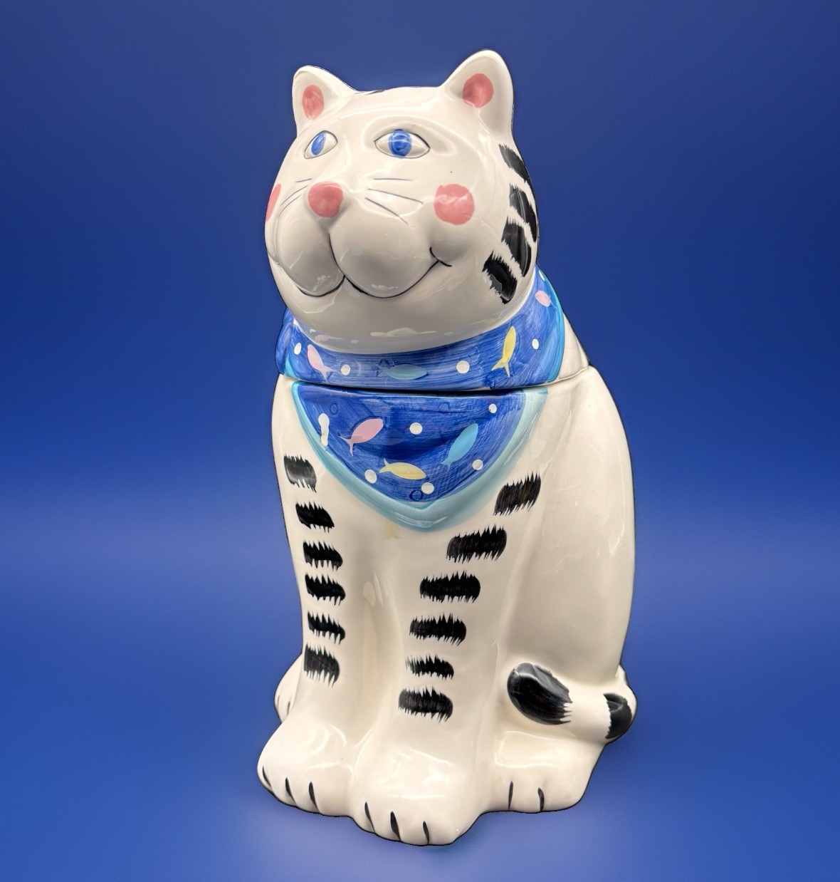 COCO DOWLEY Ceramic White Black Stripes Cat Cookie Jar Certified Int’l. 11.5”
