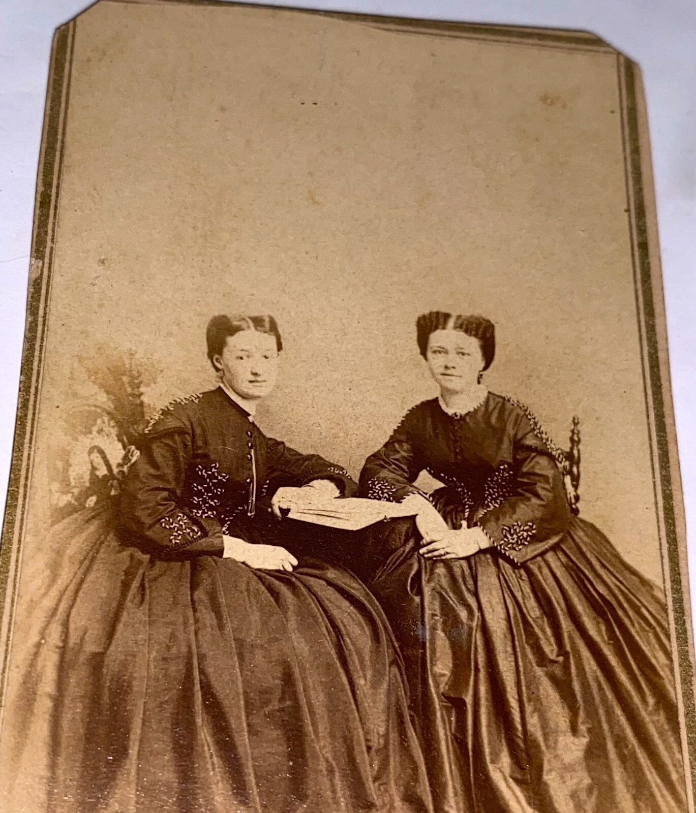Antique Victorian American Civil War Era Women, Matching Dress & Book CDV Photo