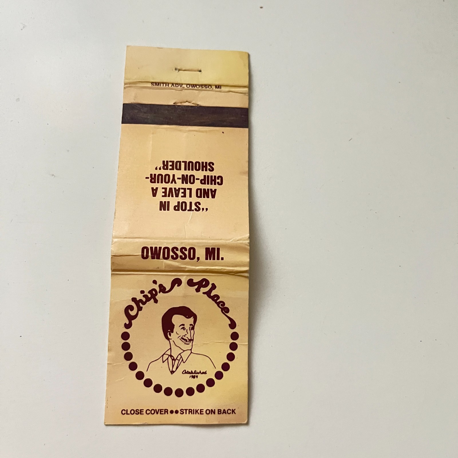 Chip\'s Place A Chip-On-Your-Shoulder Owosso MI Vintage Matchbook Cover TMB90-2