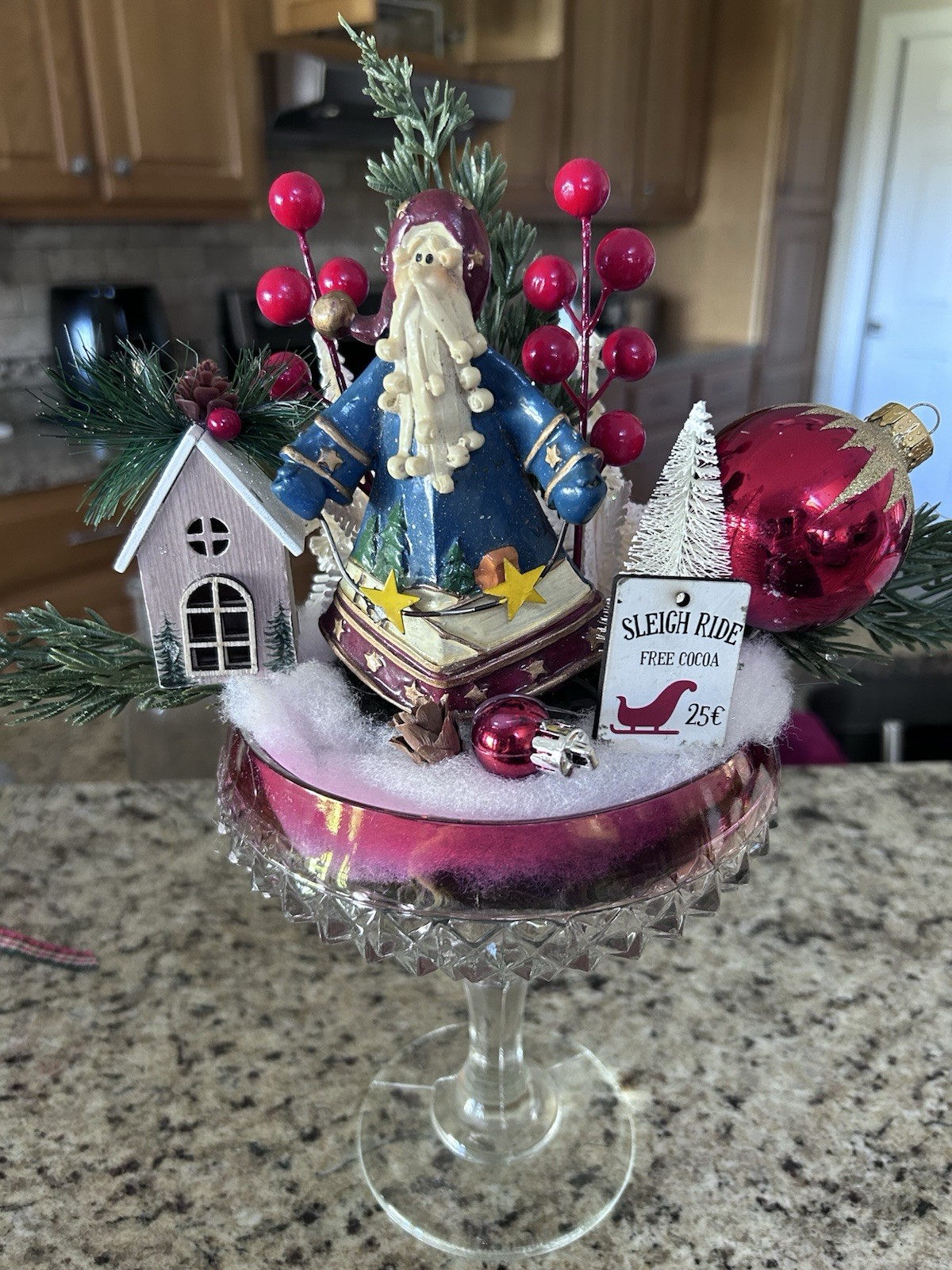 Diamond Cut Pedestal Glass Red Trim Christmas Centerpiece Vignette