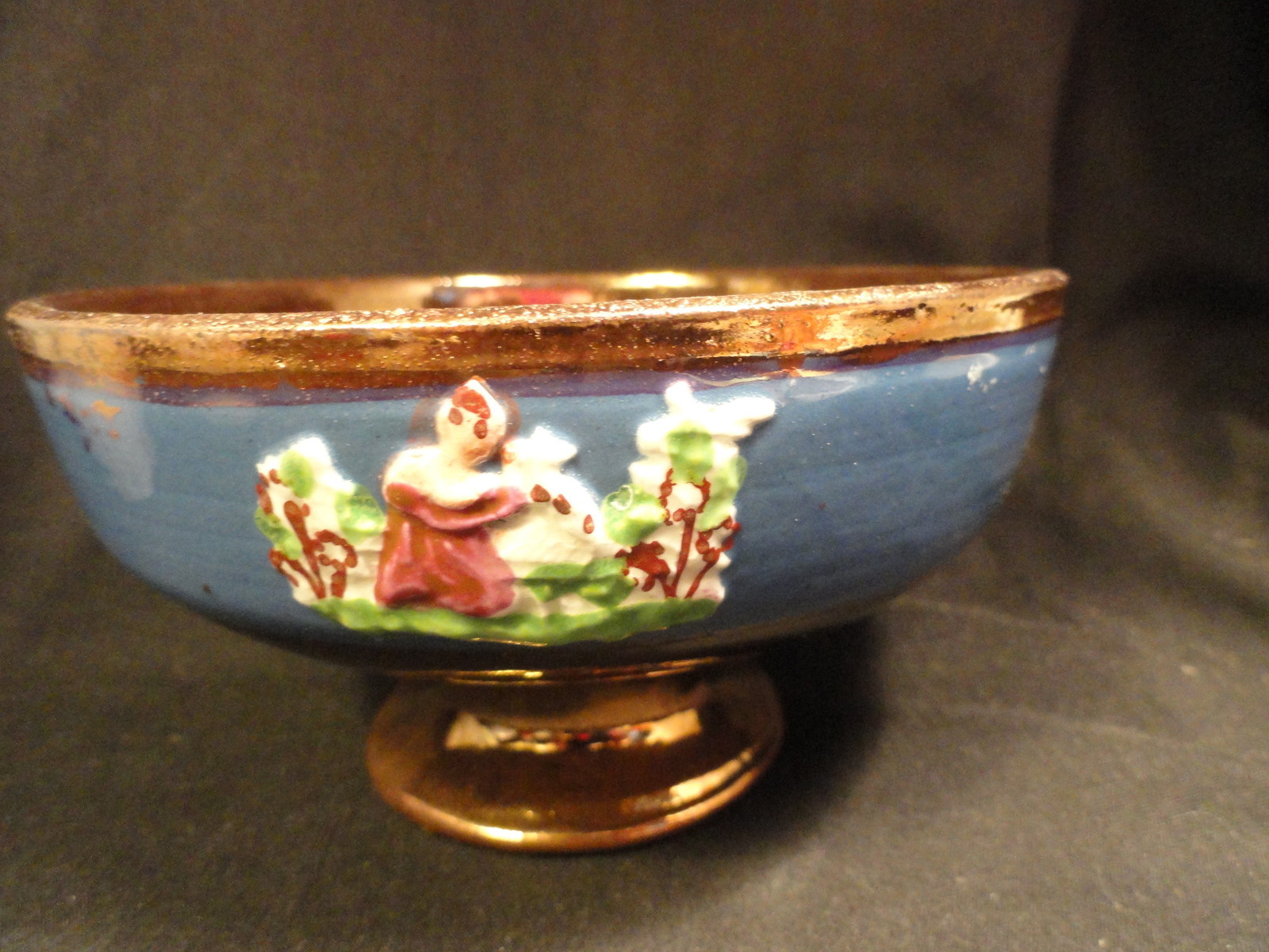 Antique Copper Luster Low Compote Blue Appliques