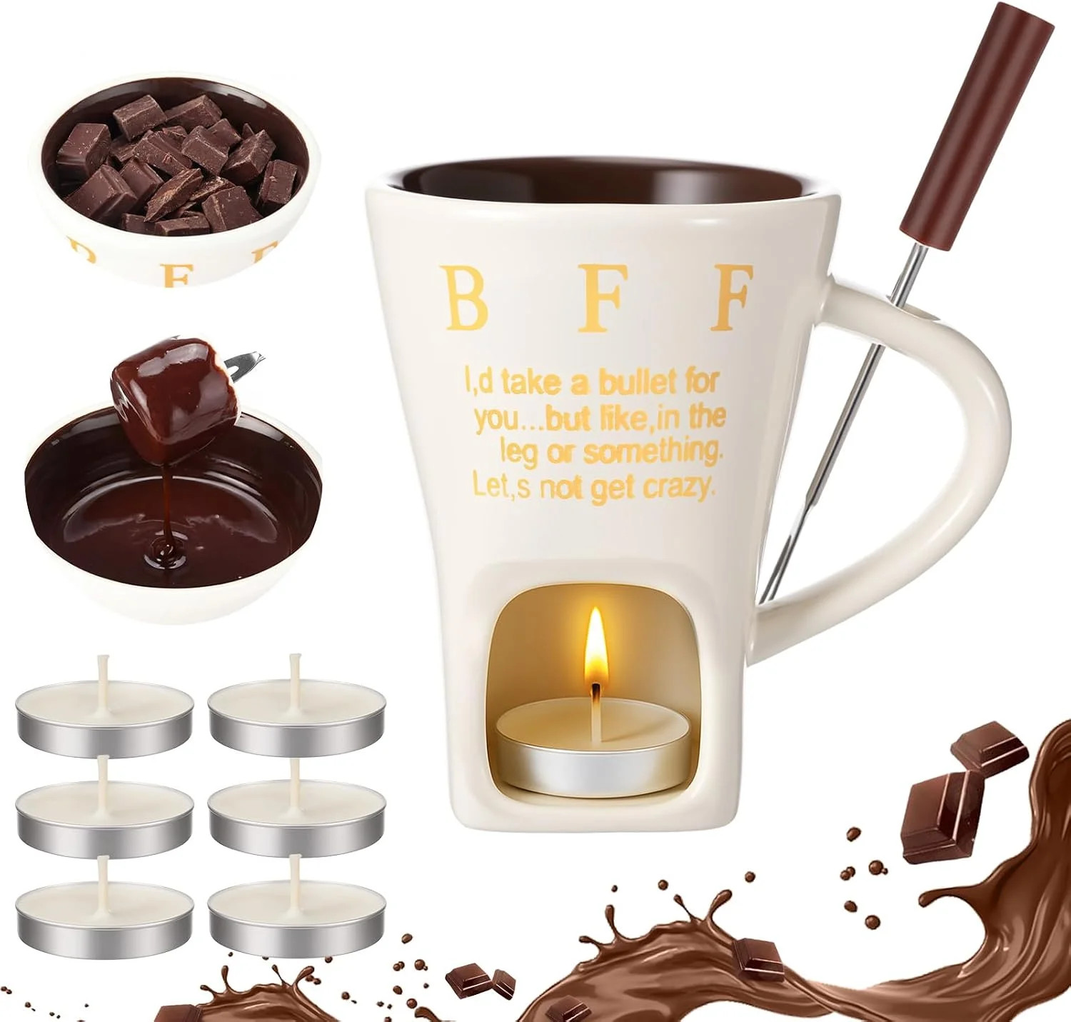 Honeydak Chocolate Fondue Mug with Fork and 3 Candle Sweet Ceramic Personal Choc