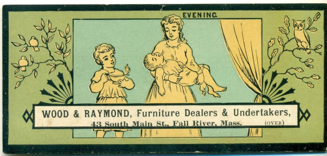 c1880s WOOD & RAYMOND Fall River MA FURNITURE & UNDERTAKER TRADE CARD, FUNERAL