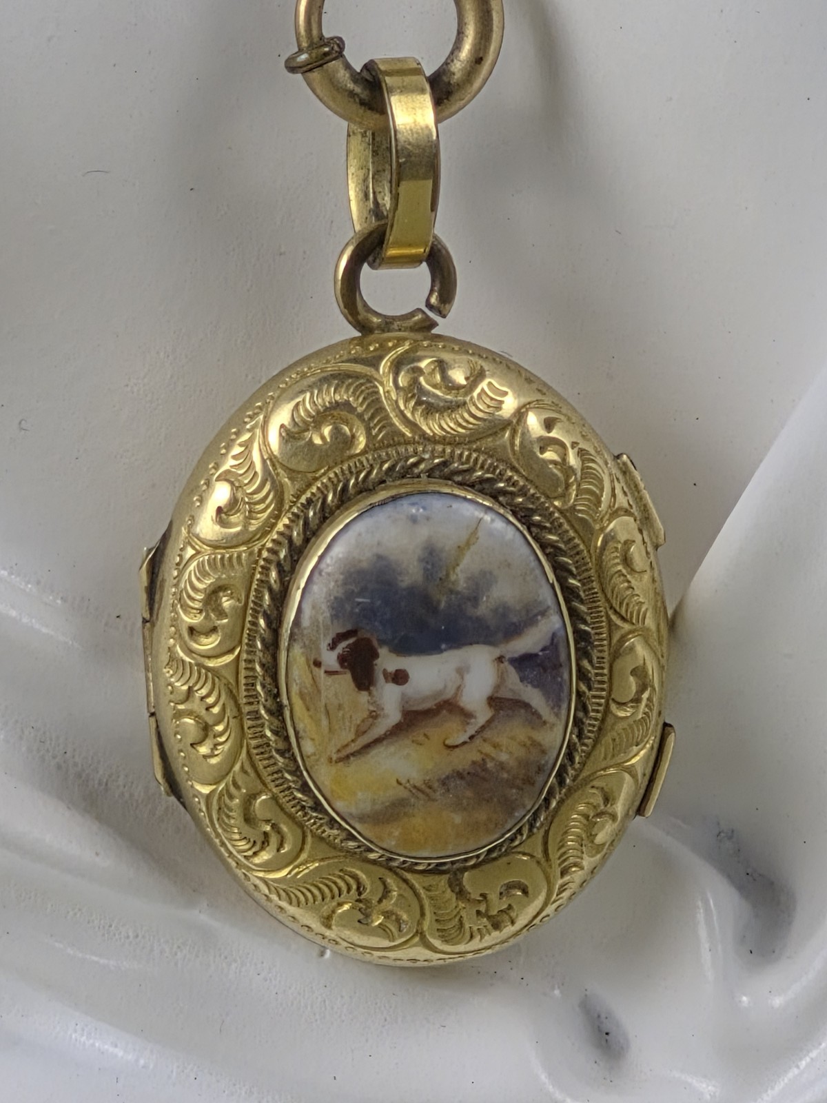 Antique 1865 CIVIL WAR Necklace Locket Gold Filled POINTER DOG w/ PROVENANCE 