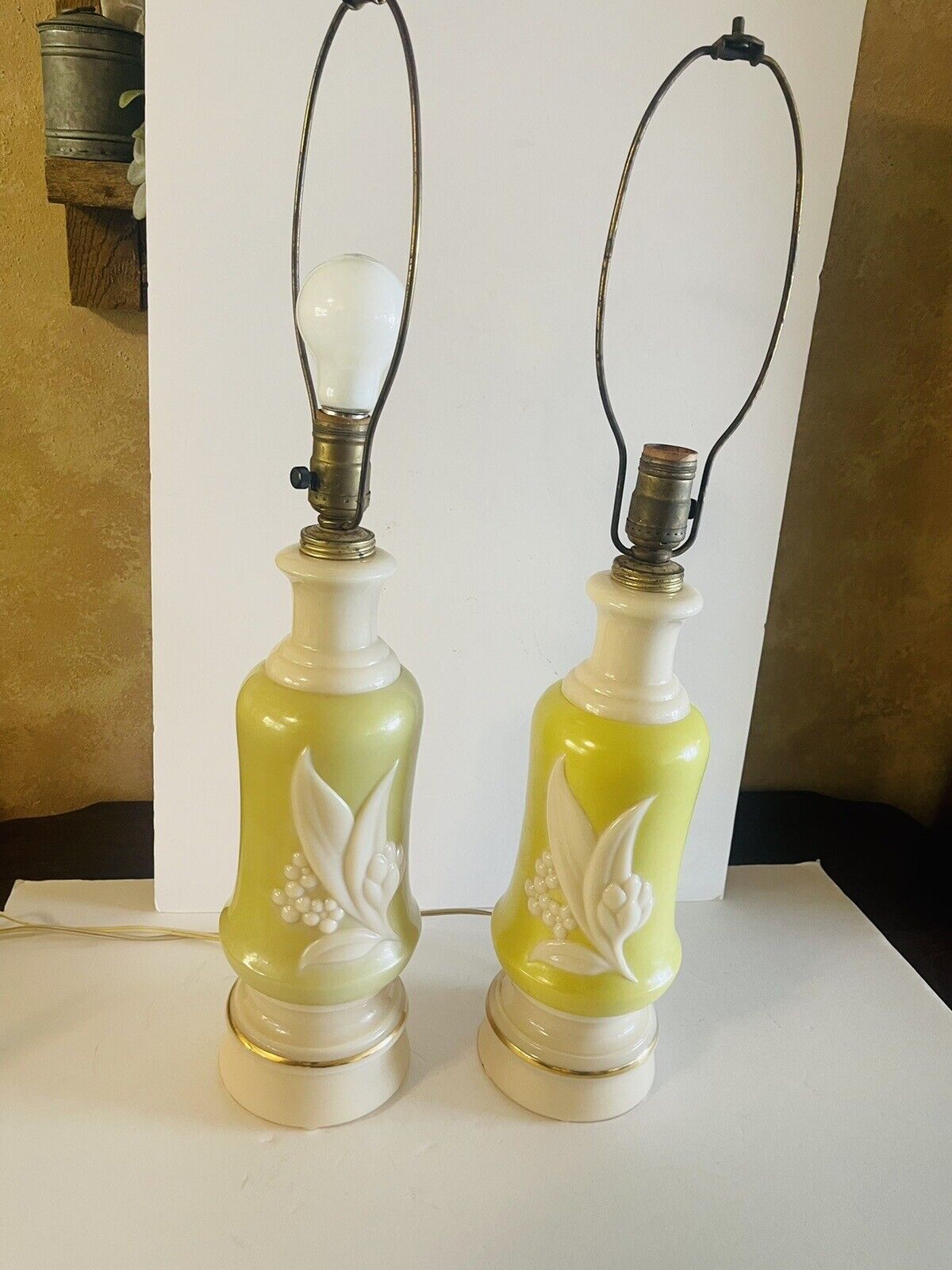 1930s Aladdin Alacite Table Lamps Chartreuse and Cream Lily of the Valley(2)