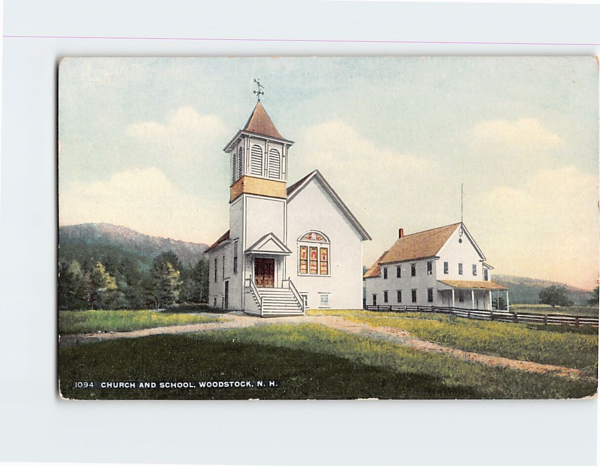 Postcard Church & School Woodstock New Hampshire USA