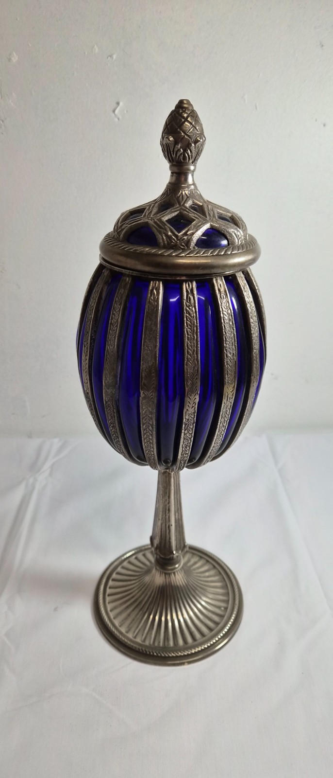Vintage silver plated cobalt spelter-caged pedestal urn 16.5 x 5.5 inch