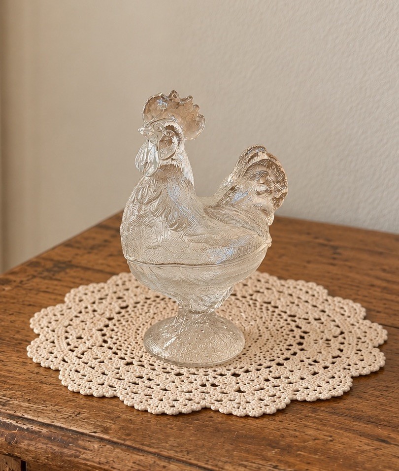 VTG Clear Glass Rooster on Pedestal Candy Dish Lid Farmhouse Cottagecore Country