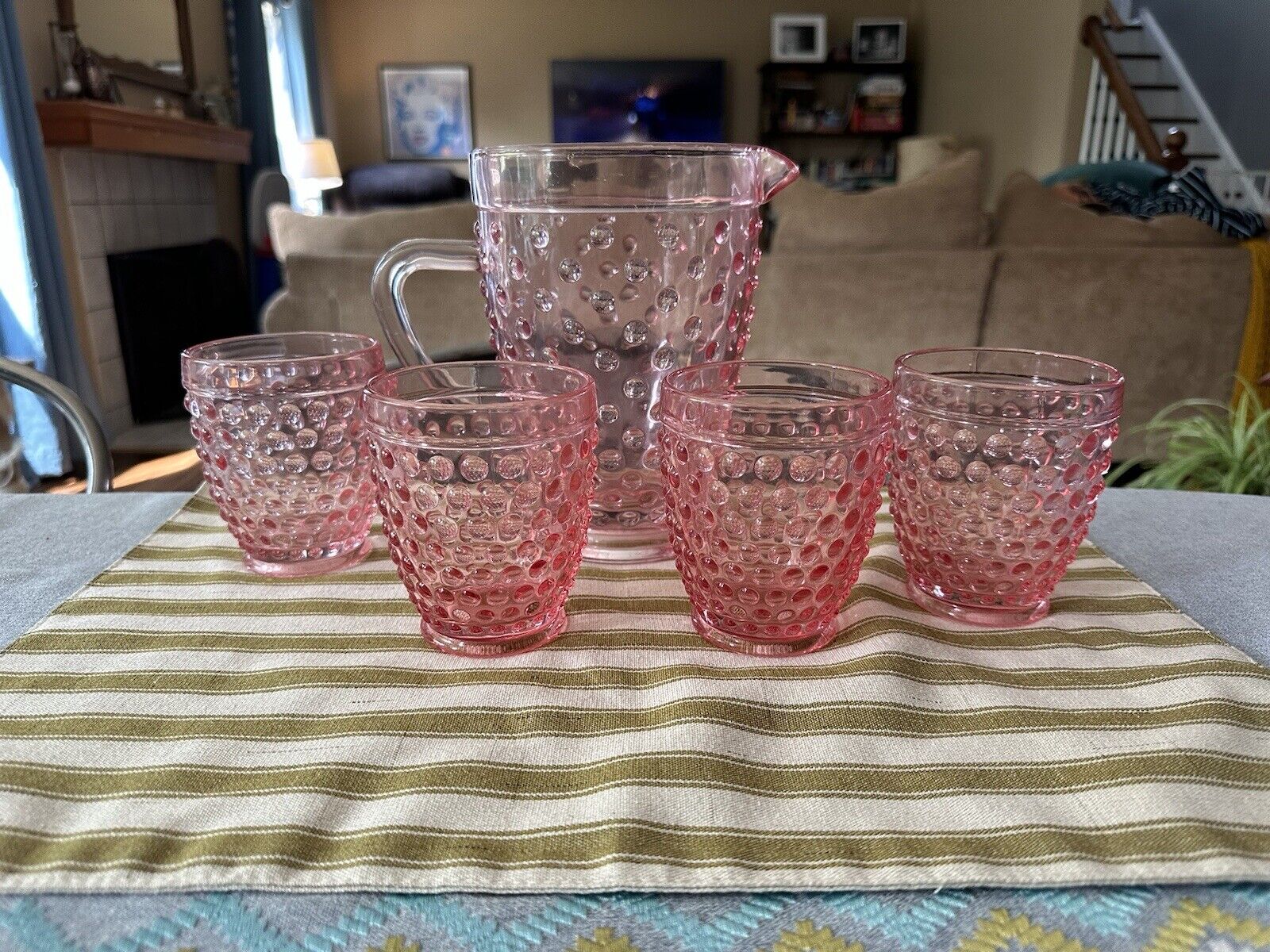 Vintage Pink Glass Hobnail Pitcher And Cups Set