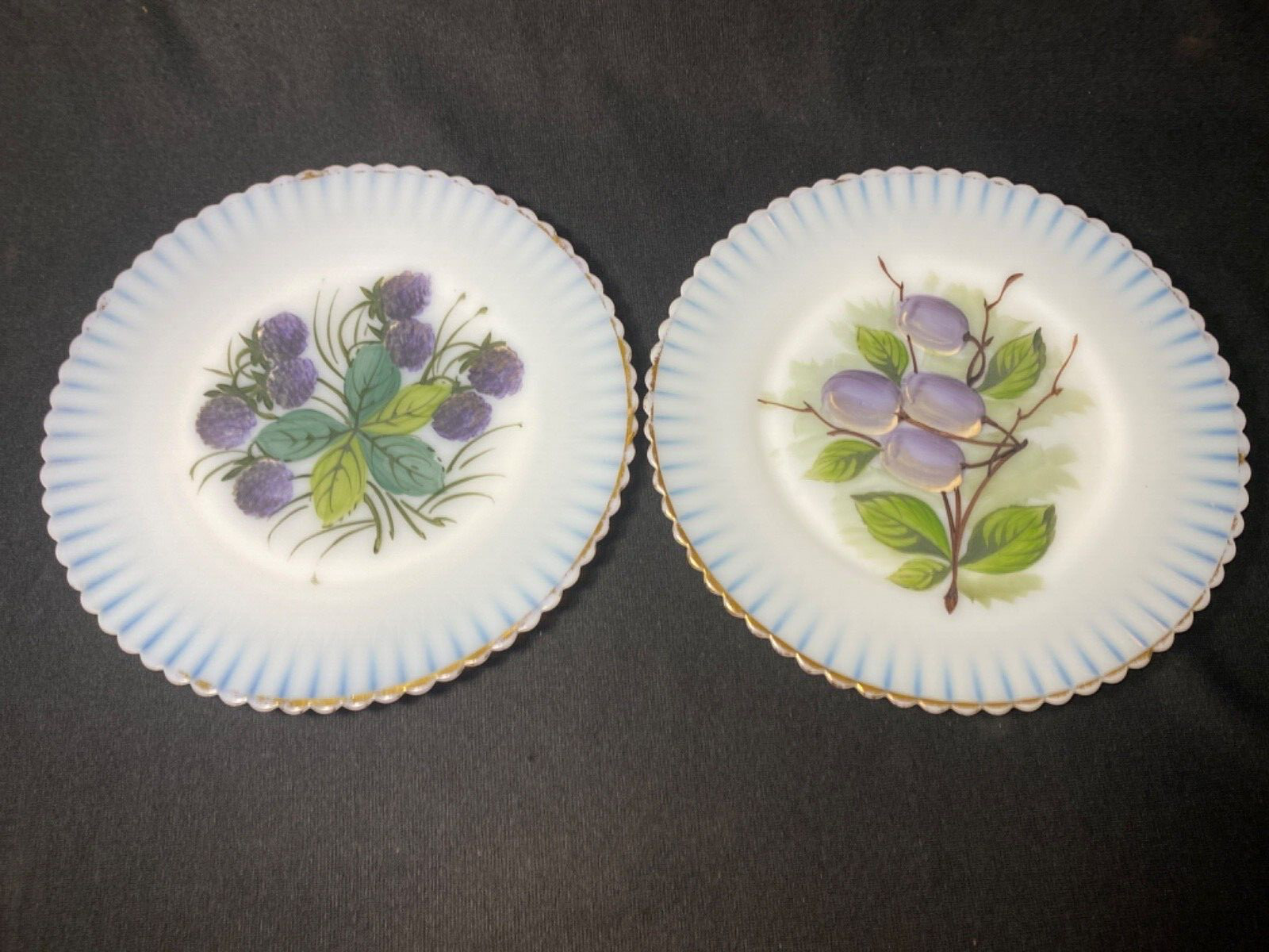 2 Macbeth Evans Monax Petalware Hand Painted Grapes White Glass Plates Made USA